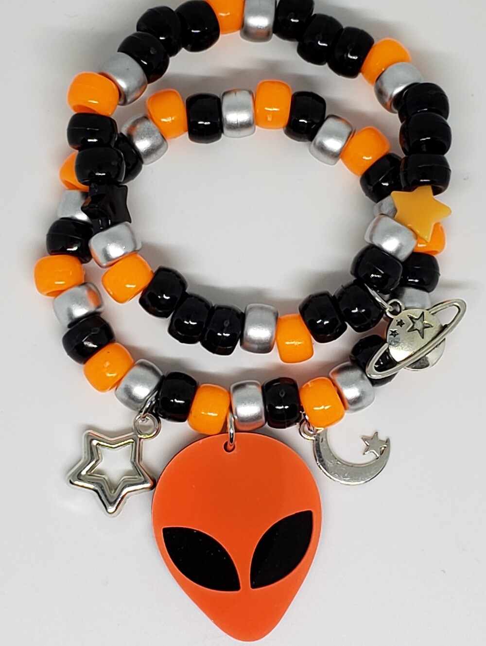 Handmade Orange Black Silver Alien Planet Star Beaded Stackable Kandi Bracelets